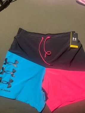 Under Armour Black, Blue & Pink Colorblock Swim Trunks